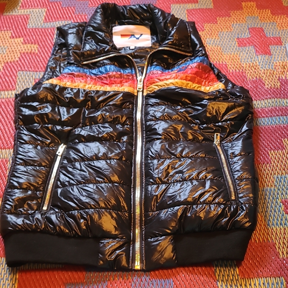 Aviator Nation Black Shiny  Puffer Vest with Multicolor Stripes